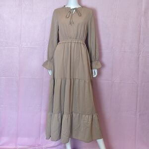 Tan Modest Neutral Long Sleeve Tie Neck Elastic Waist Tiered Midi Dress Small